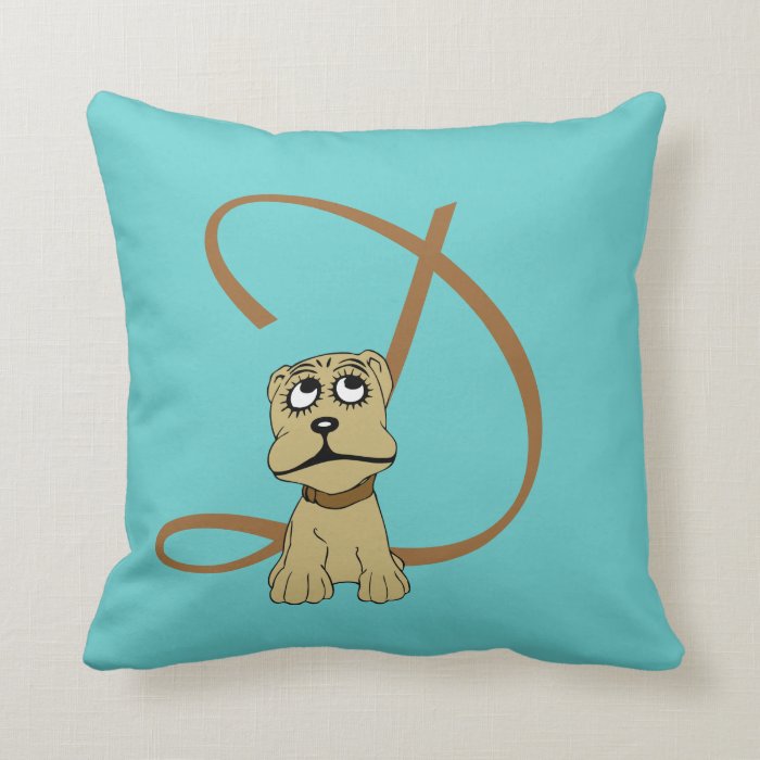 Monogram initial letter D, cute dog cartoon custom Pillow