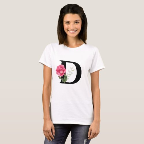 Monogram Initial Letter D in Black with Pink Rose T_Shirt