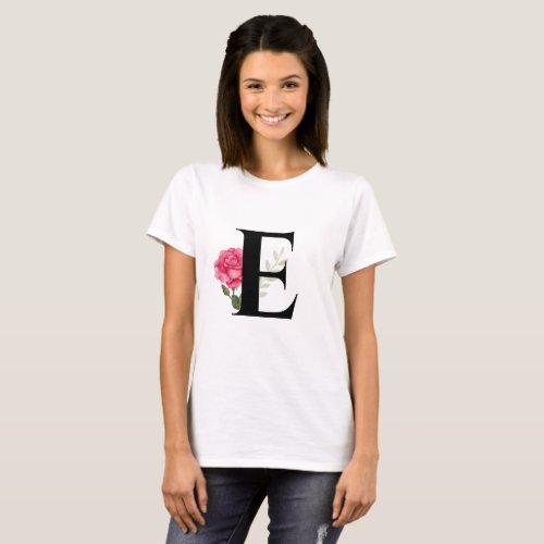 Monogram Initial Letter E in Black Pink Rose T_Shirt
