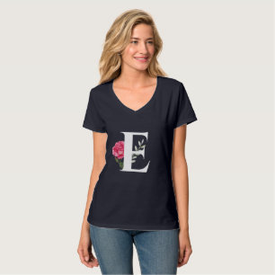 Monogram Initial Letter E in White Pink Rose T-Shirt