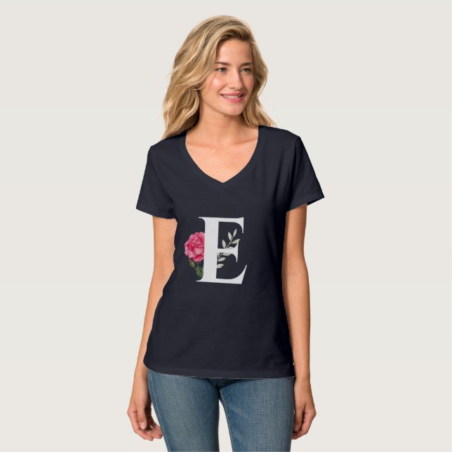 Monogram Initial Letter E in White Pink Rose T-Shirt (Front Full)