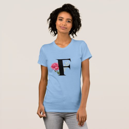 Monogram Initial Letter F in Black with Pink Rose T_Shirt