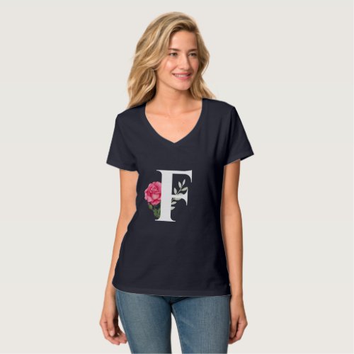 Monogram Initial Letter F in White with Pink Rose T_Shirt