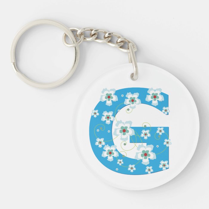 Monogram initial letter G blue hibiscus flowers Round Acrylic Key Chain