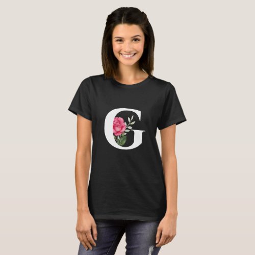 Monogram Initial Letter G in White with Pink Rose T_Shirt
