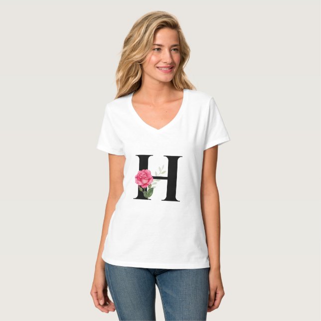 Monogram Initial Letter H in Black with Pink Rose T-Shirt (Front Full)