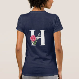 Monogram Initial Letter H in White with Pink Rose T-Shirt