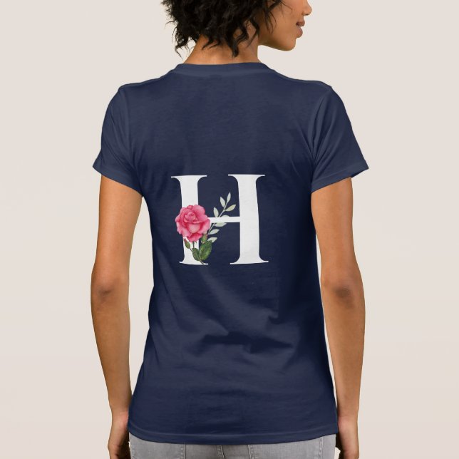 Monogram Initial Letter H in White with Pink Rose T-Shirt (Back)