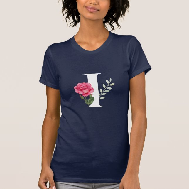 Monogram Initial Letter I in White with Pink Rose T-Shirt (Front)