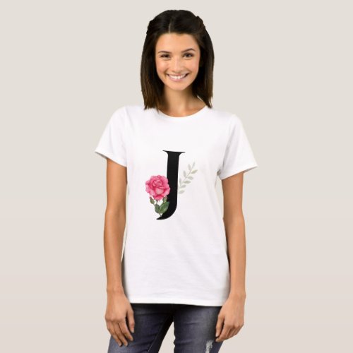 Monogram Initial Letter J  in Black with Pink Rose T_Shirt
