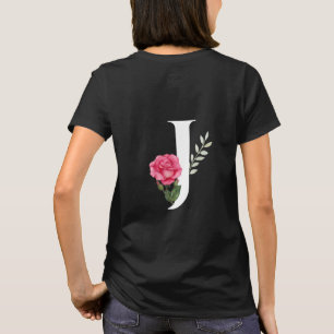 Monogram Initial Letter J  in White with Pink Rose T-Shirt