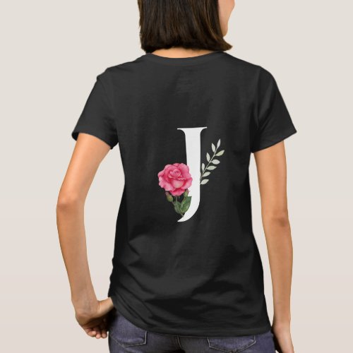 Monogram Initial Letter J  in White with Pink Rose T_Shirt