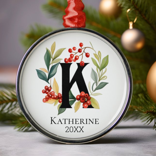 Monogram Initial Letter K Berry Wreath Christmas Metal Ornament (Creator Uploaded)