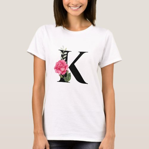 Monogram Initial Letter K in Black with Pink Rose T_Shirt