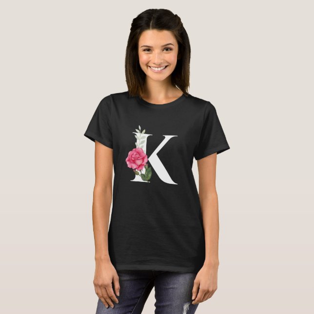 Monogram Initial Letter K  in White with Pink Rose T-Shirt (Front Full)