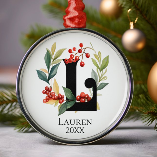 Monogram Initial Letter L Berry Wreath Christmas Metal Ornament (Creator Uploaded)