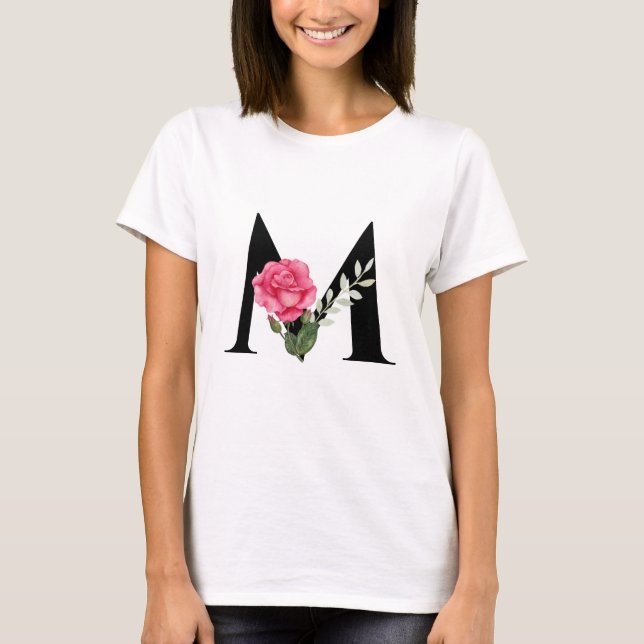 Monogram Initial Letter M in Black with Pink Rose T-Shirt (Front)