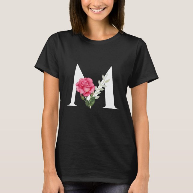 Monogram Initial Letter M in White with Pink Rose T-Shirt (Front)