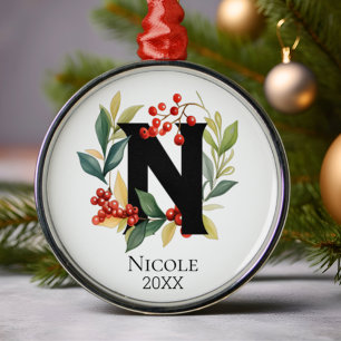Monogram Initial Letter N Berry Wreath Christmas Metal Ornament