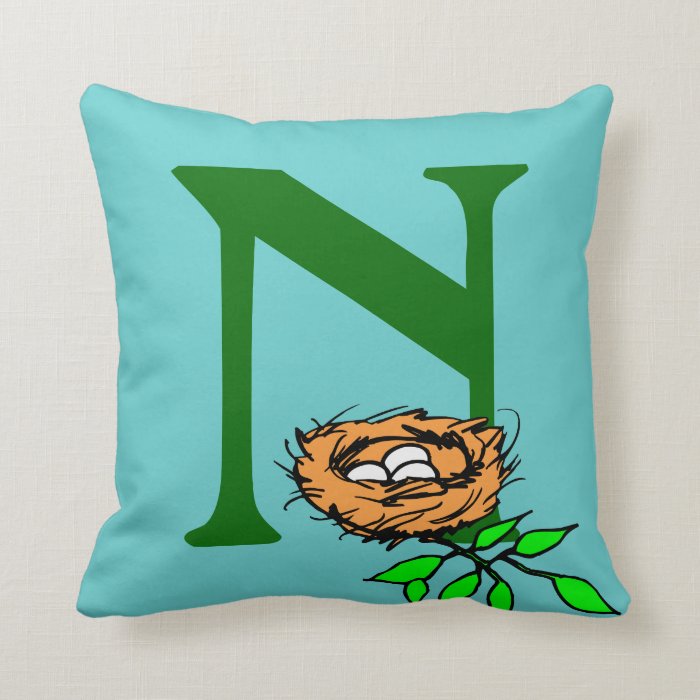 Monogram initial letter N, cute birds nest custom Pillow