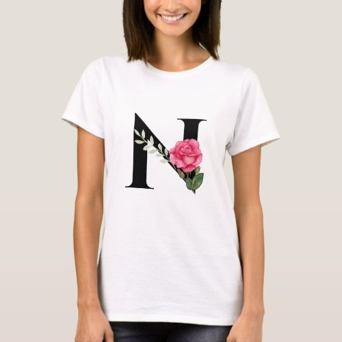 Monogram Initial Letter N in Black with Pink Rose T_Shirt
