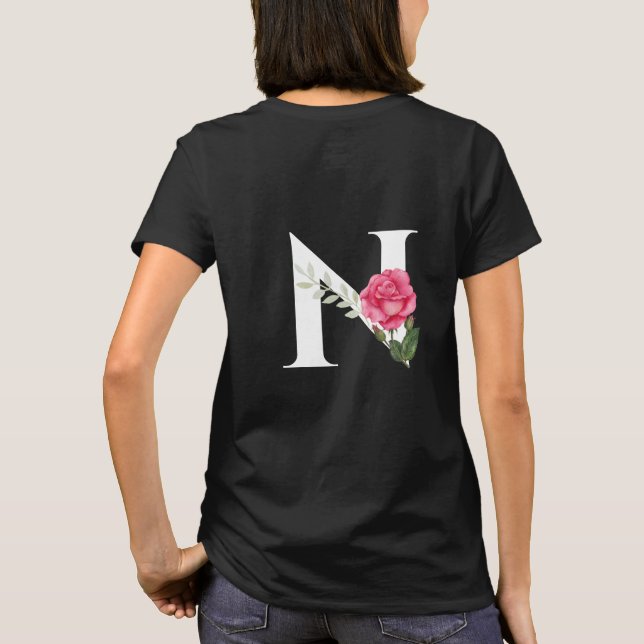 Monogram Initial Letter N in White with Pink Rose T-Shirt (Back)