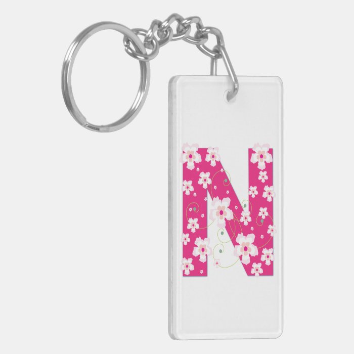 Monogram initial letter N pink hibiscus flowers Rectangular Acrylic Keychain