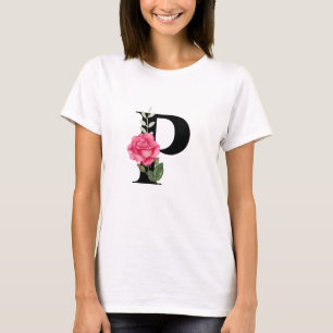 Monogram Initial Letter P in Black with Pink Rose T-Shirt