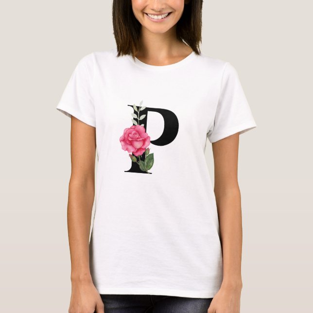 Monogram Initial Letter P in Black with Pink Rose T-Shirt (Front)
