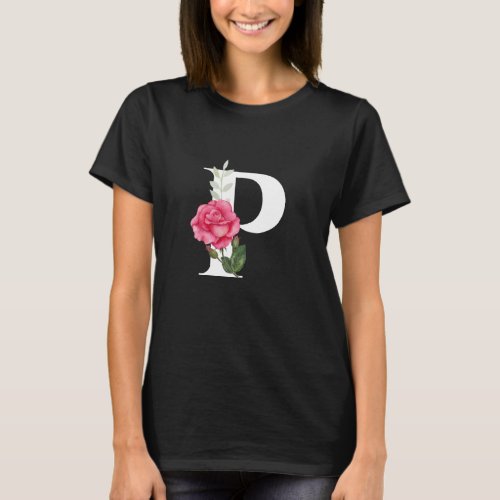 Monogram Initial Letter P in White with Pink Rose T_Shirt