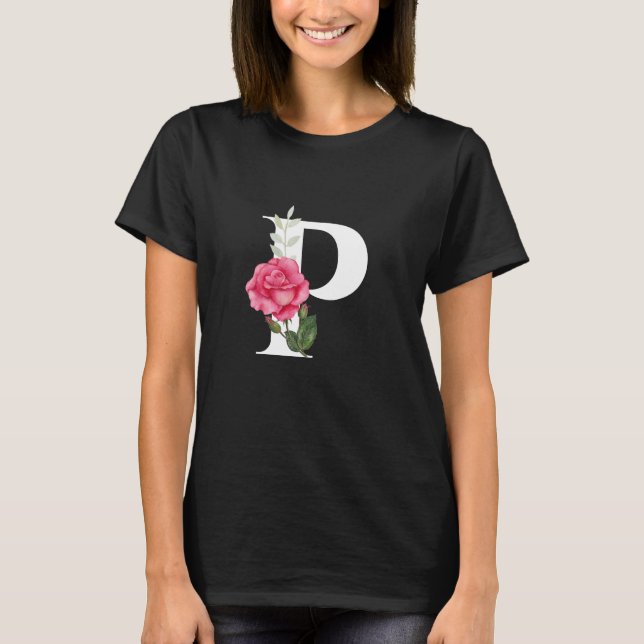 Monogram Initial Letter P in White with Pink Rose T-Shirt (Front)