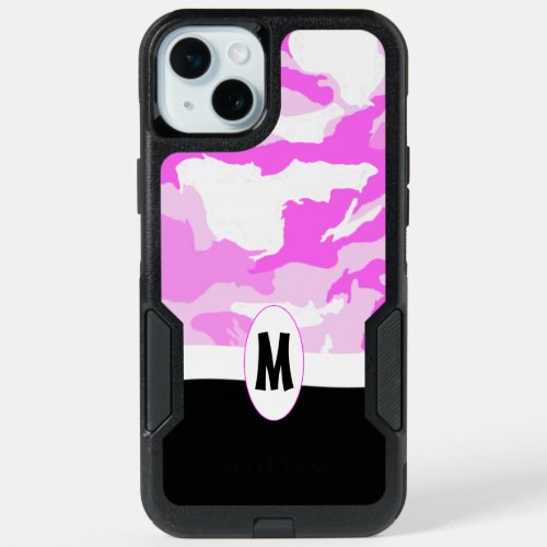 Monogram Initial Letter Pink White Camouflage iPhone 15 Plus Case