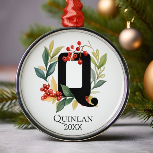 Monogram Initial Letter Q Berry Wreath Christmas Metal Ornament (Creator Uploaded)