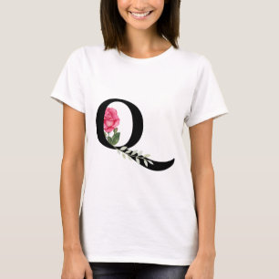 Monogram Initial Letter Q in Black with Pink Rose T-Shirt