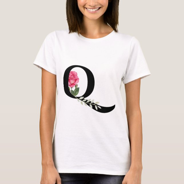 Monogram Initial Letter Q in Black with Pink Rose T-Shirt (Front)