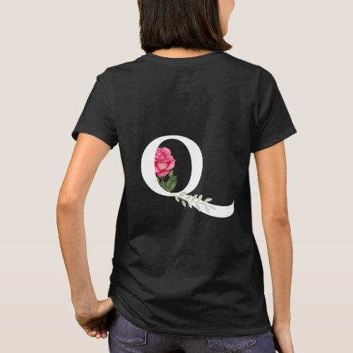 Monogram Initial Letter Q in White with Pink Rose T_Shirt
