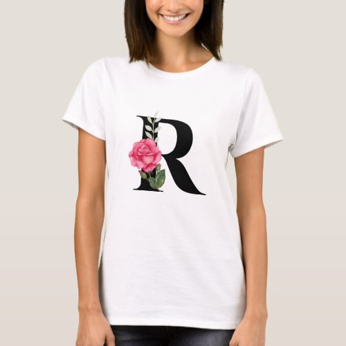 Monogram Initial Letter R in Black with Pink Rose T_Shirt