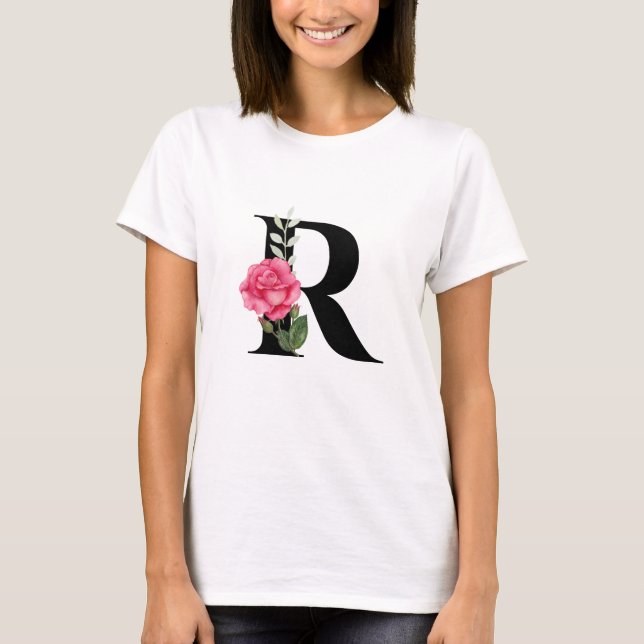 Monogram Initial Letter R in Black with Pink Rose T-Shirt (Front)
