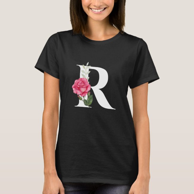 Monogram Initial Letter R in White with Pink Rose
