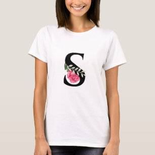 Monogram Initial Letter S in Black with Pink Rose T-Shirt