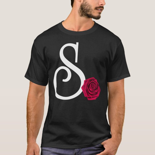 Monogram Initial Letter S with Red Rose on Black B T-Shirt (Front)