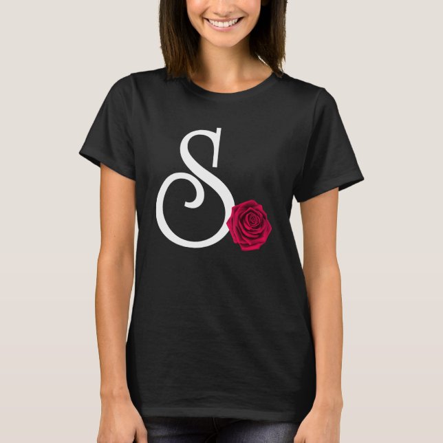 Monogram Initial Letter S with Red Rose on Black B T-Shirt (Front)