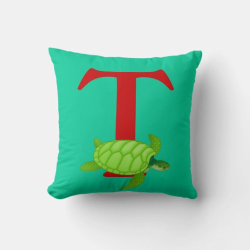 Monogram initial letter T cute turtle custom gift Throw Pillow