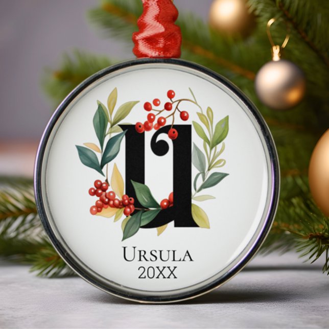 Monogram Initial Letter U Berry Wreath Christmas Metal Ornament (Creator Uploaded)