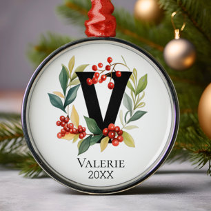 Monogram Initial Letter V Berry Wreath Christmas Metal Ornament