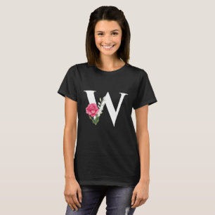 Monogram Initial Letter W in White with Pink Rose T-Shirt