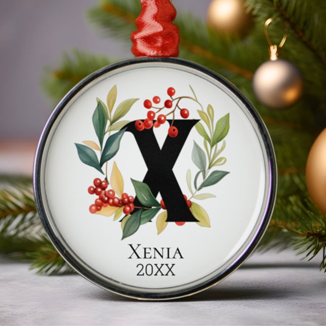 Monogram Initial Letter X Berry Wreath Christmas Metal Ornament (Creator Uploaded)