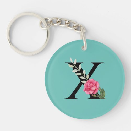 Monogram Initial Letter X in Black with Pink Rose Keychain