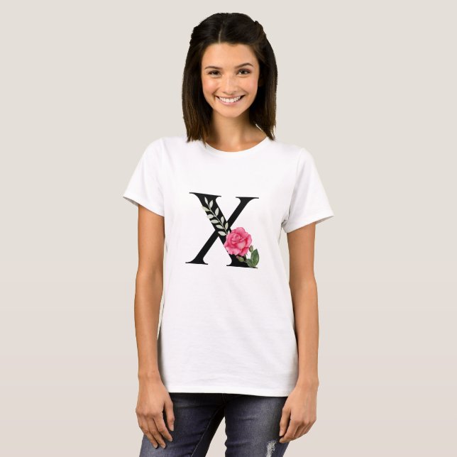 Monogram Initial Letter X in Black with Pink Rose T-Shirt (Front Full)