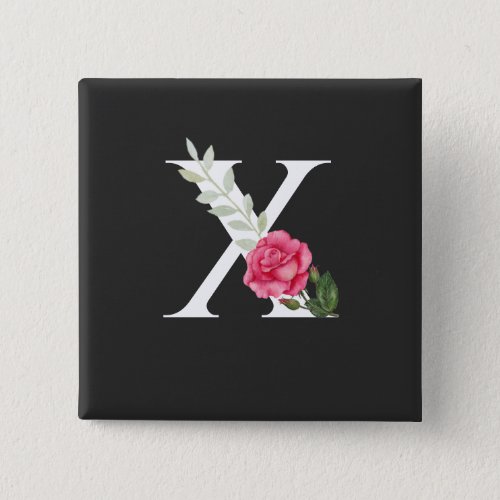 Monogram Initial Letter X in White with Pink Rose Button